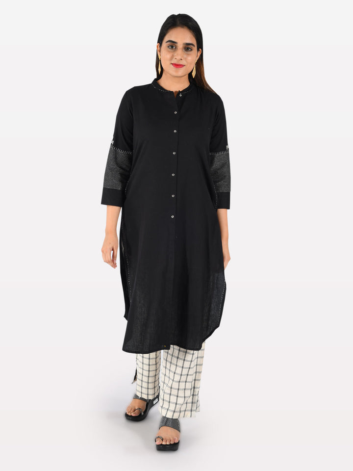 Neerus Black cotton zari kurta set with palazzo - detail view 5