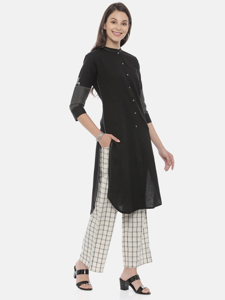 Neerus Black cotton zari kurta set with palazzo - detail view 1