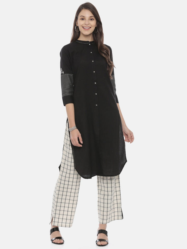 Neerus Black cotton zari kurta set with palazzo - detail view 3