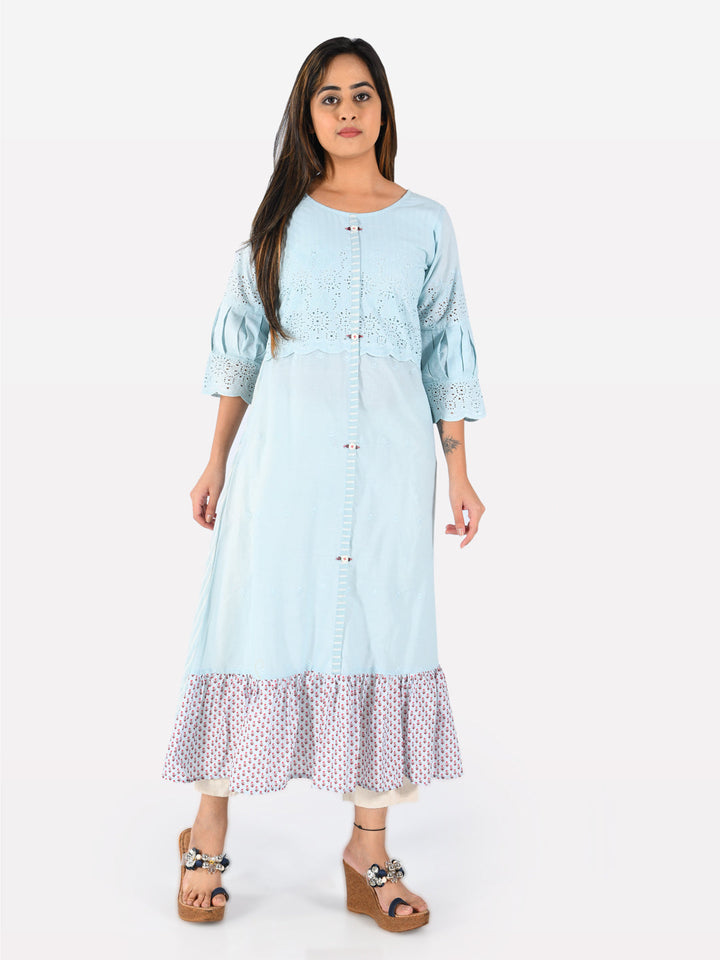 Neerus Green cotton solid tunic dress - detail view 2