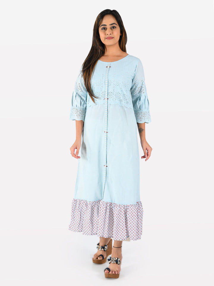 Neerus Green cotton solid tunic dress - front view