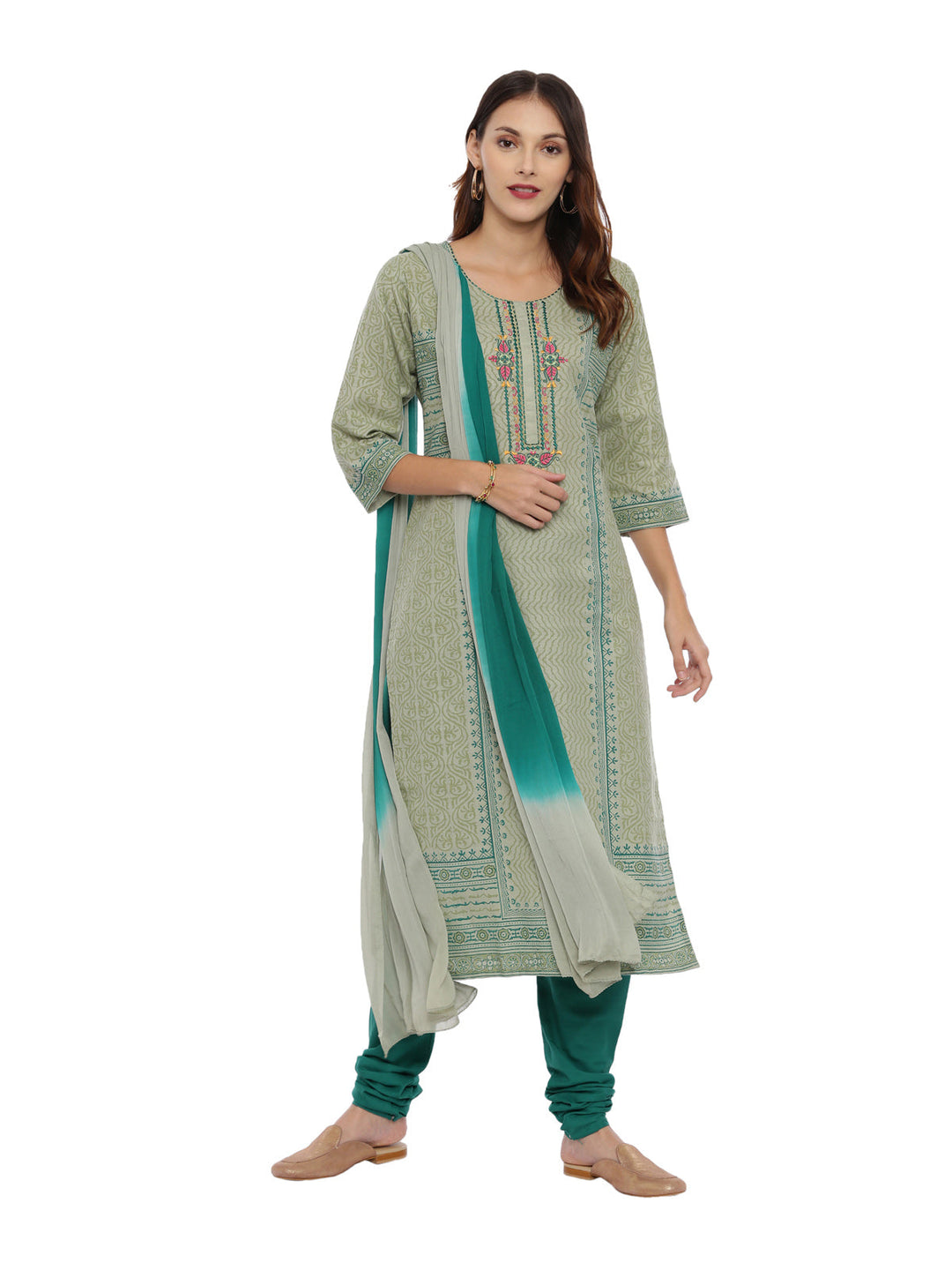 Neerus Green cotton printed kurta set with churidar and dupatta - front view