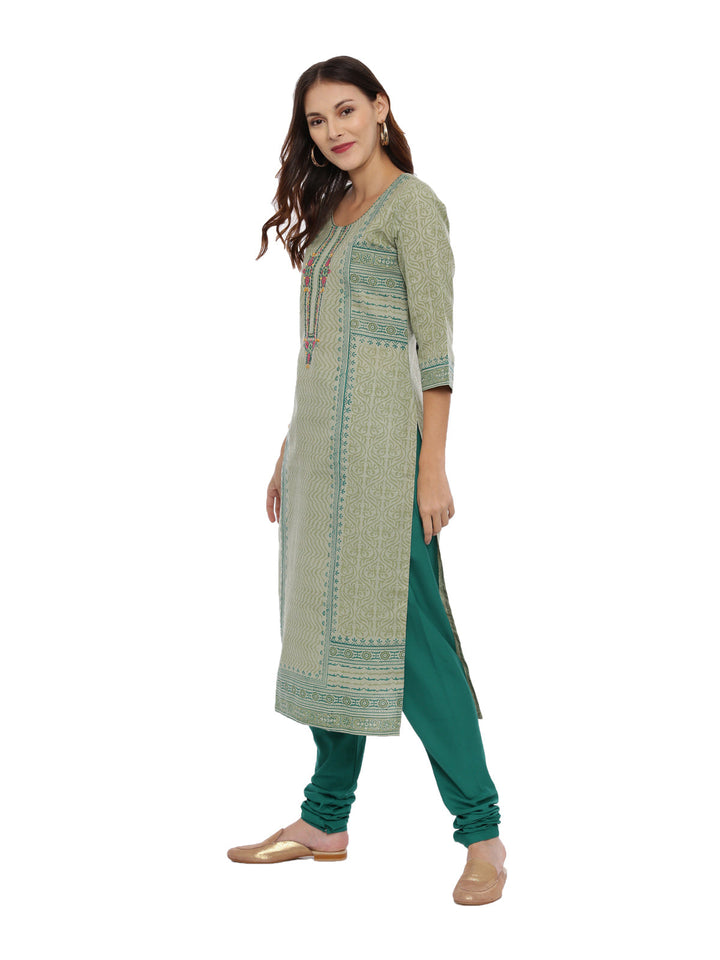 Neerus Green cotton printed kurta set with churidar and dupatta - detail view 2