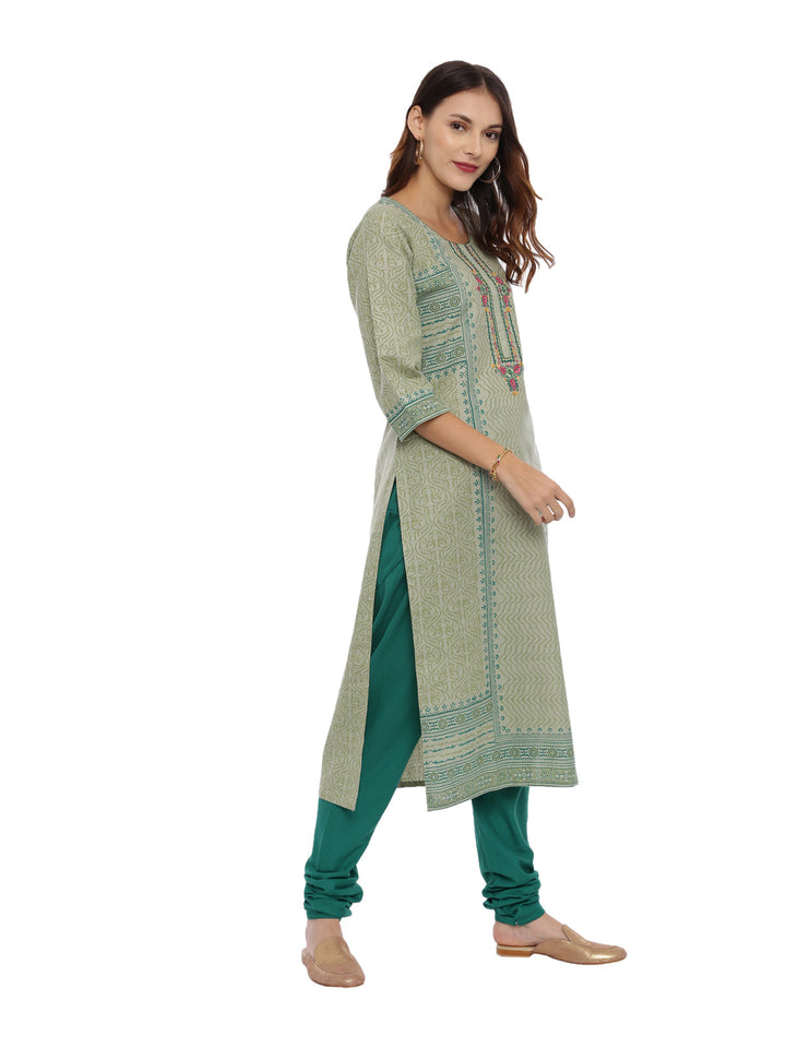 Neerus Green cotton printed kurta set with churidar and dupatta - side view