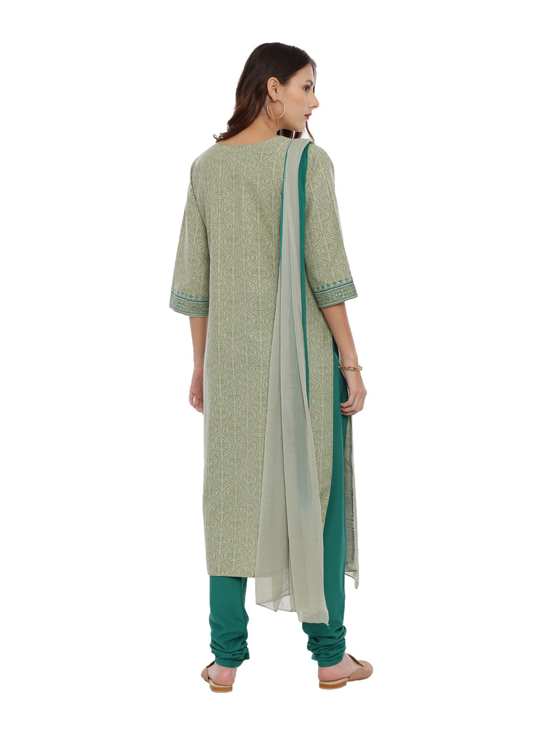 Neerus Green cotton printed kurta set with churidar and dupatta - detail view 1