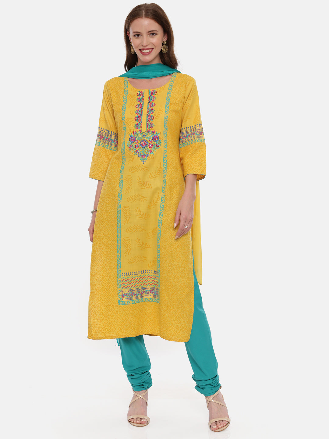 Neerus Yellow embroidered kurta set with churidar and dupatta - front view