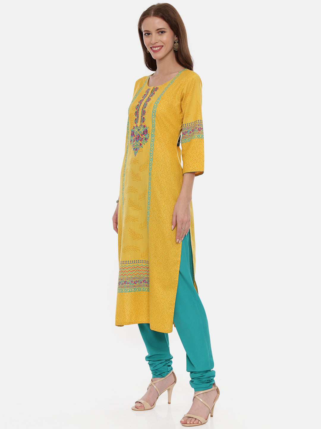 Neerus Yellow embroidered kurta set with churidar and dupatta - detail view 2