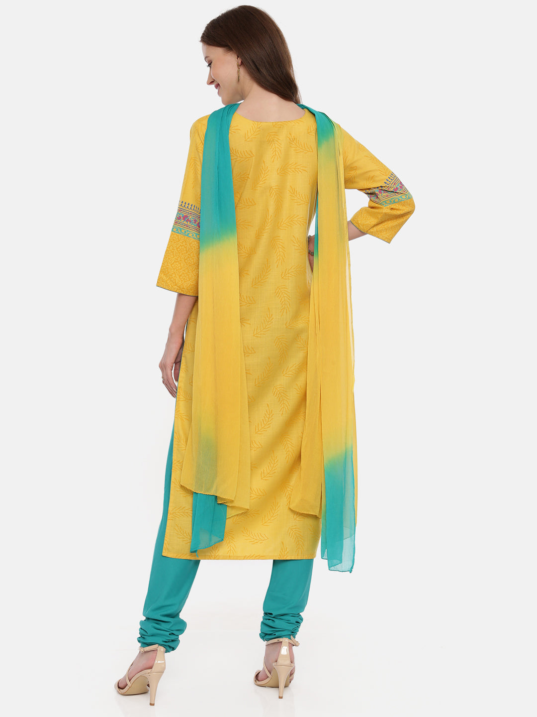 Neerus Yellow embroidered kurta set with churidar and dupatta - side view