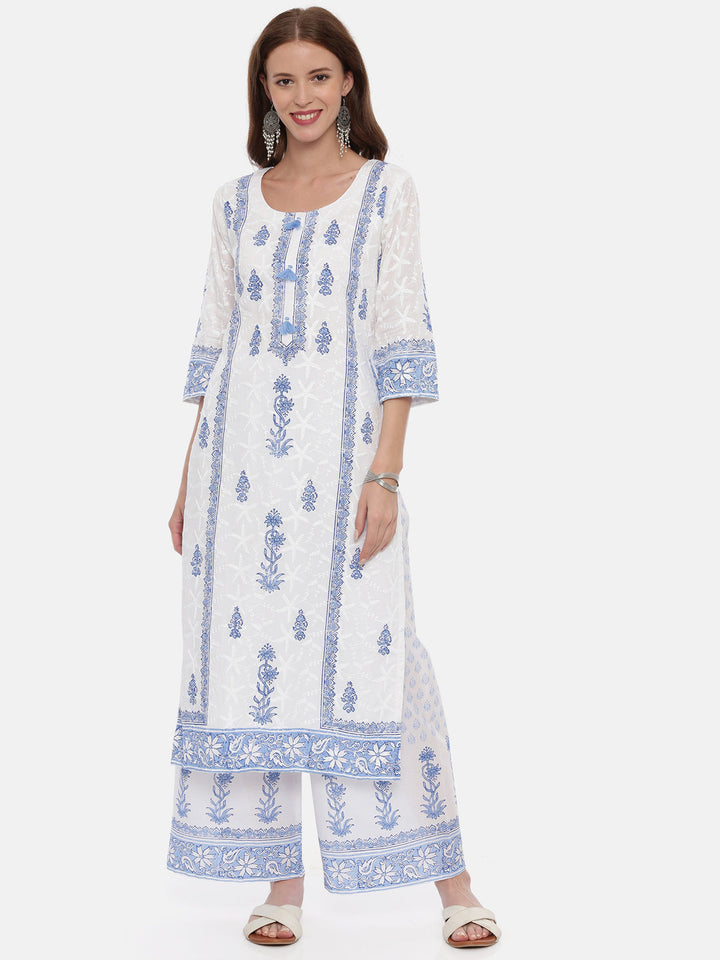 Neerus White cotton straight kurta set - front view