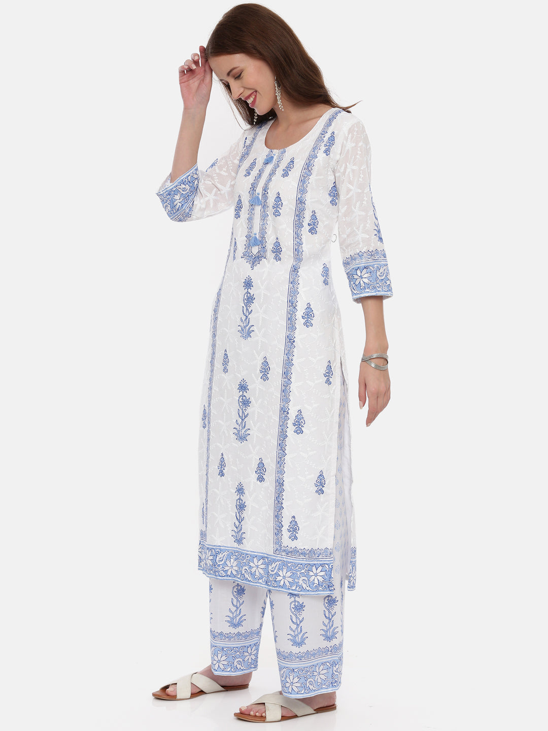 Neerus White cotton straight kurta set - detail view 2