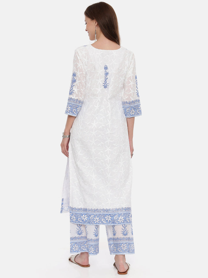 Neerus White cotton straight kurta set - side view