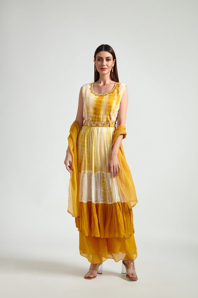 Neerus Yellow Georgette Printed Anarkali Suit Set - front view