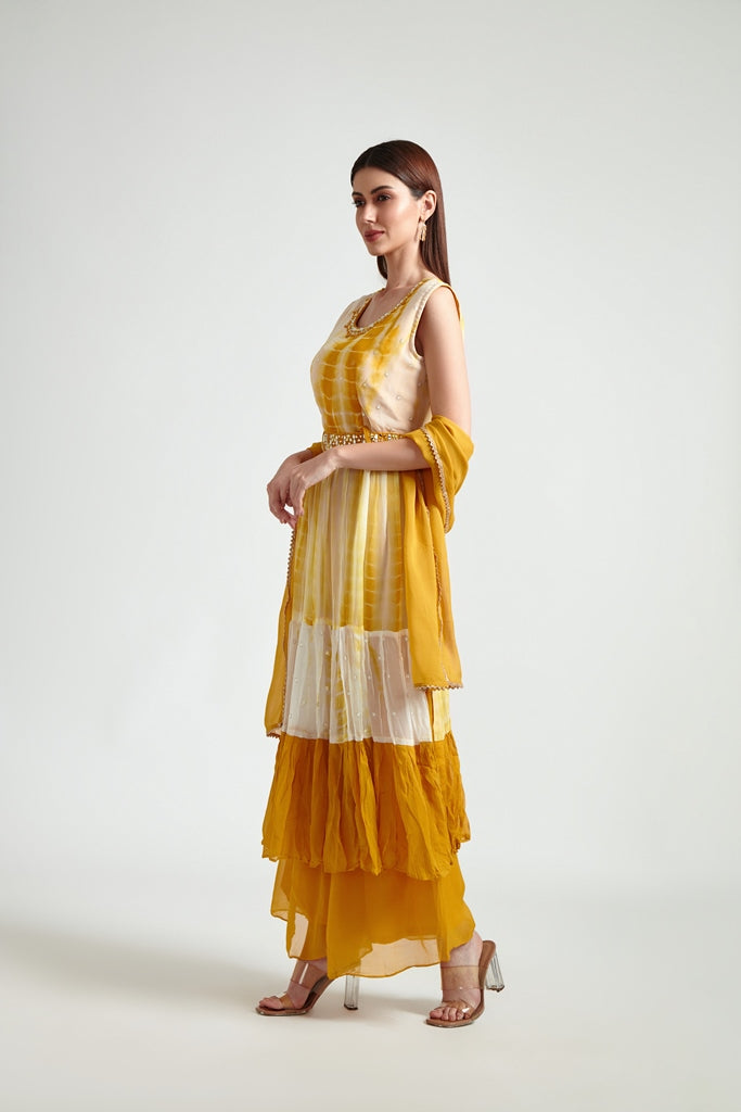 Neerus Yellow Georgette Printed Anarkali Suit Set - back view