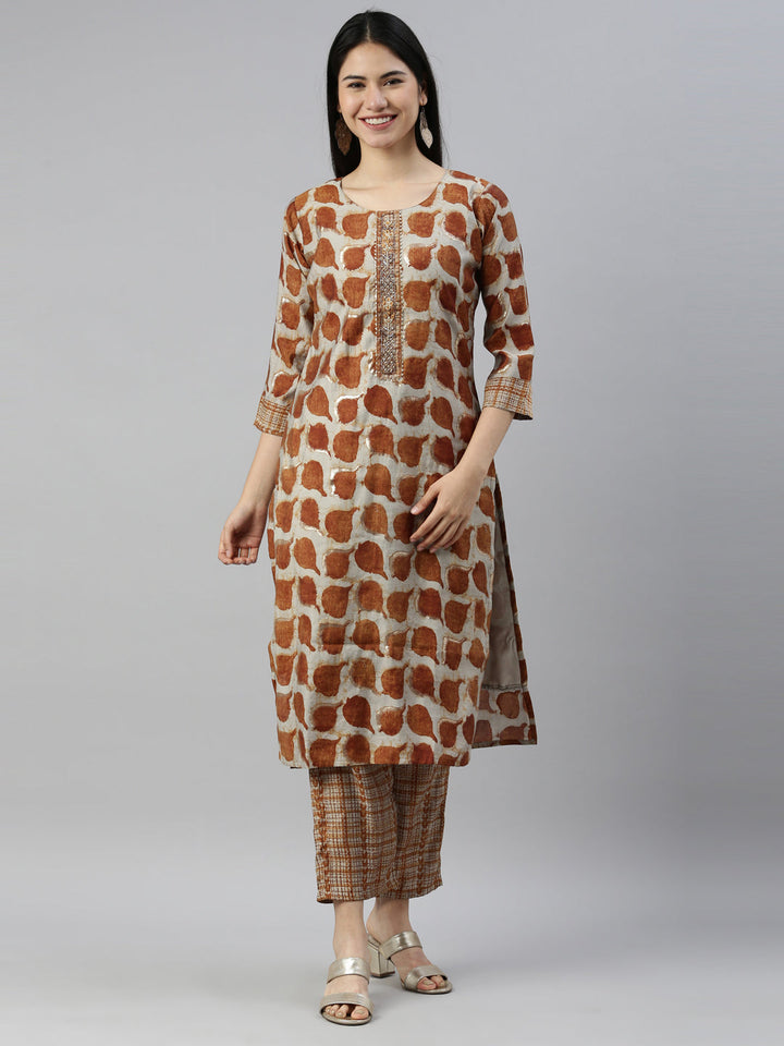 Neerus Brown muslin straight kurti - front view
