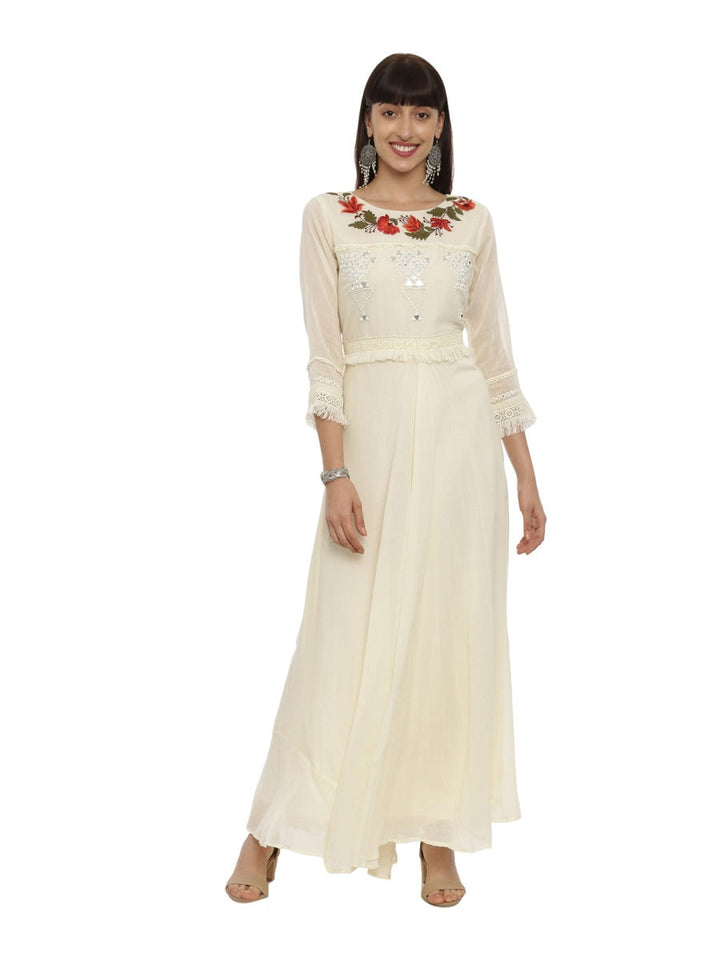 Neerus Beige cotton embroidered anarkali kurta - front view