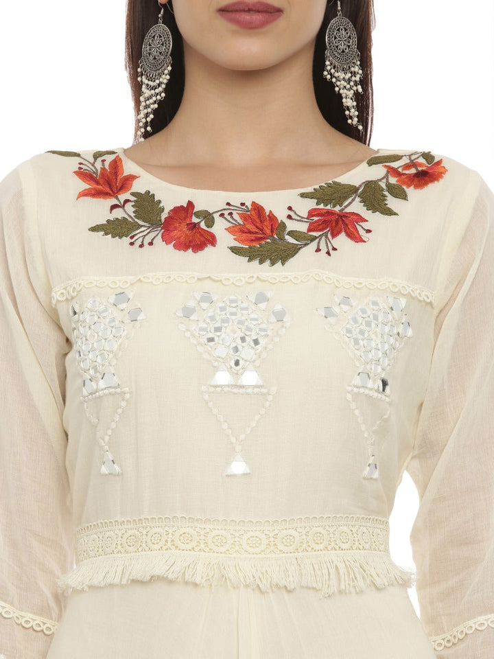 Neerus Beige cotton embroidered anarkali kurta - back view