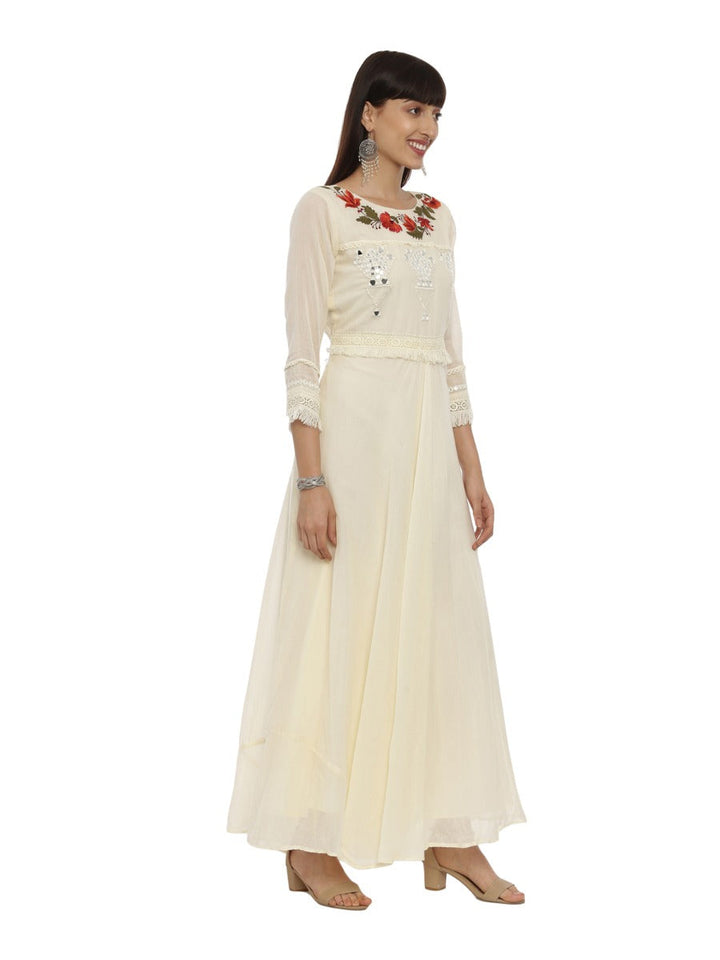 Neerus Beige cotton embroidered anarkali kurta - side view