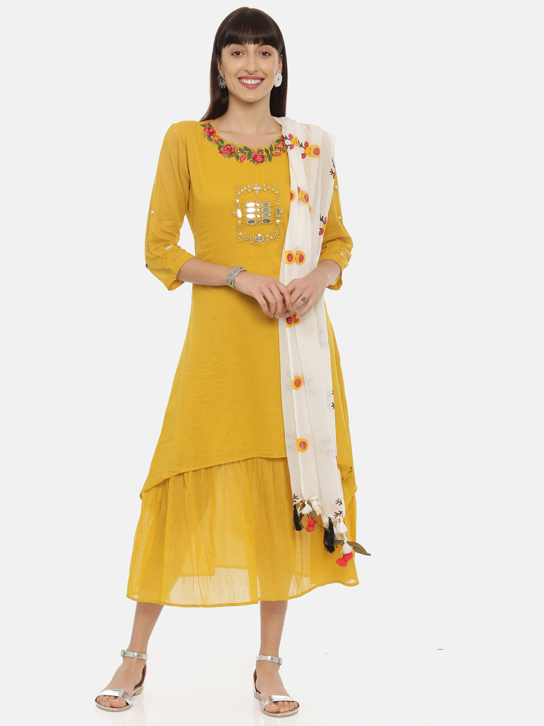 Neerus Yellow cotton embroidered A-line kurti - front view