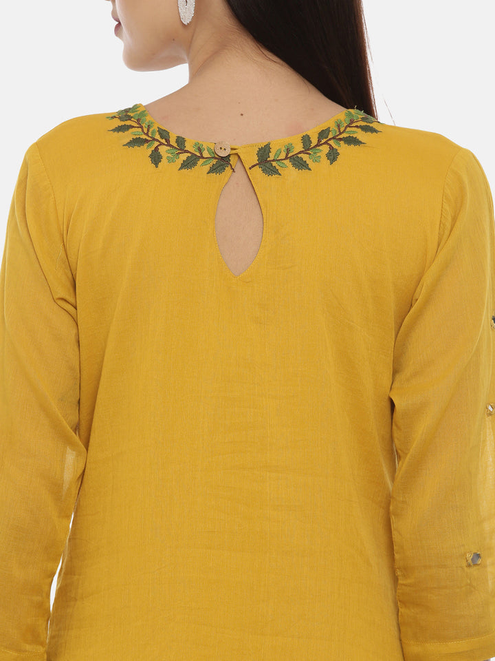 Neerus Yellow cotton embroidered A-line kurti - side view
