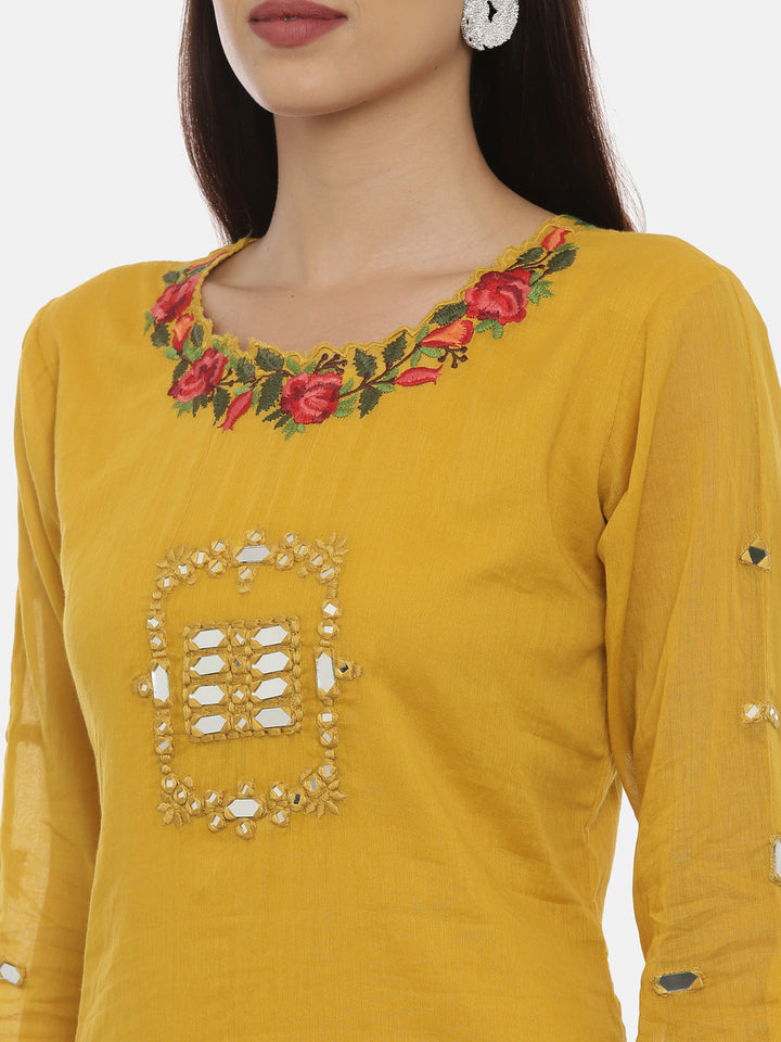 Neerus Yellow cotton embroidered A-line kurti - detail view 1