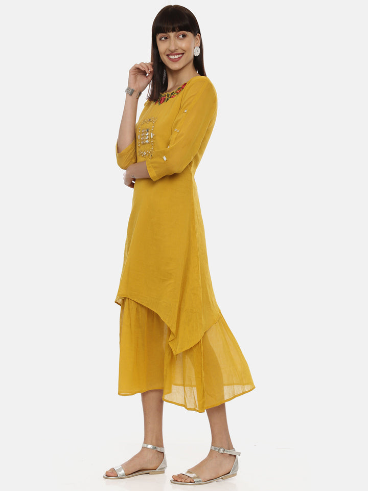 Neerus Yellow cotton embroidered A-line kurti - detail view 2