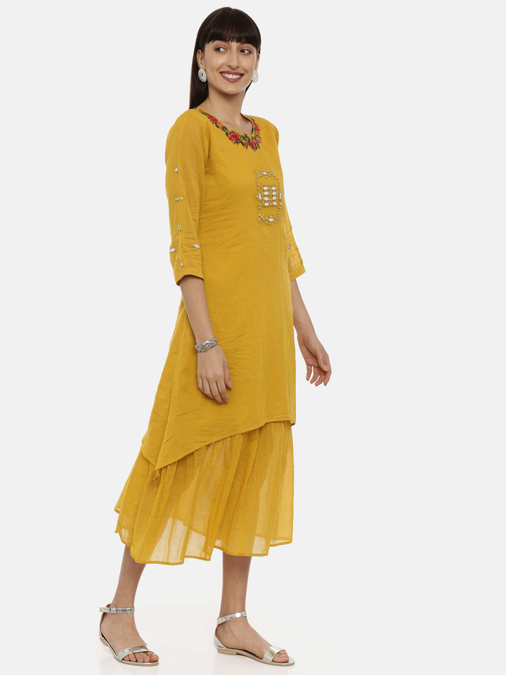 Neerus Yellow cotton embroidered A-line kurti - detail view 3