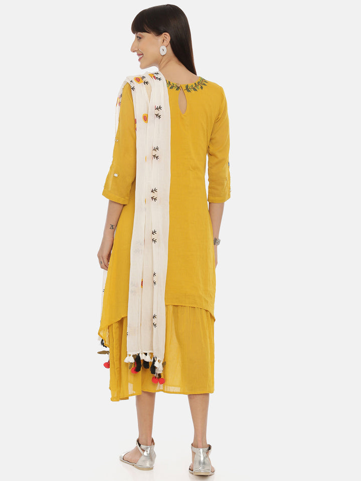 Neerus Yellow cotton embroidered A-line kurti - detail view 4