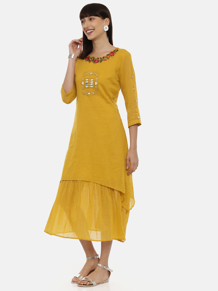 Neerus Yellow cotton embroidered A-line kurti - detail view 5