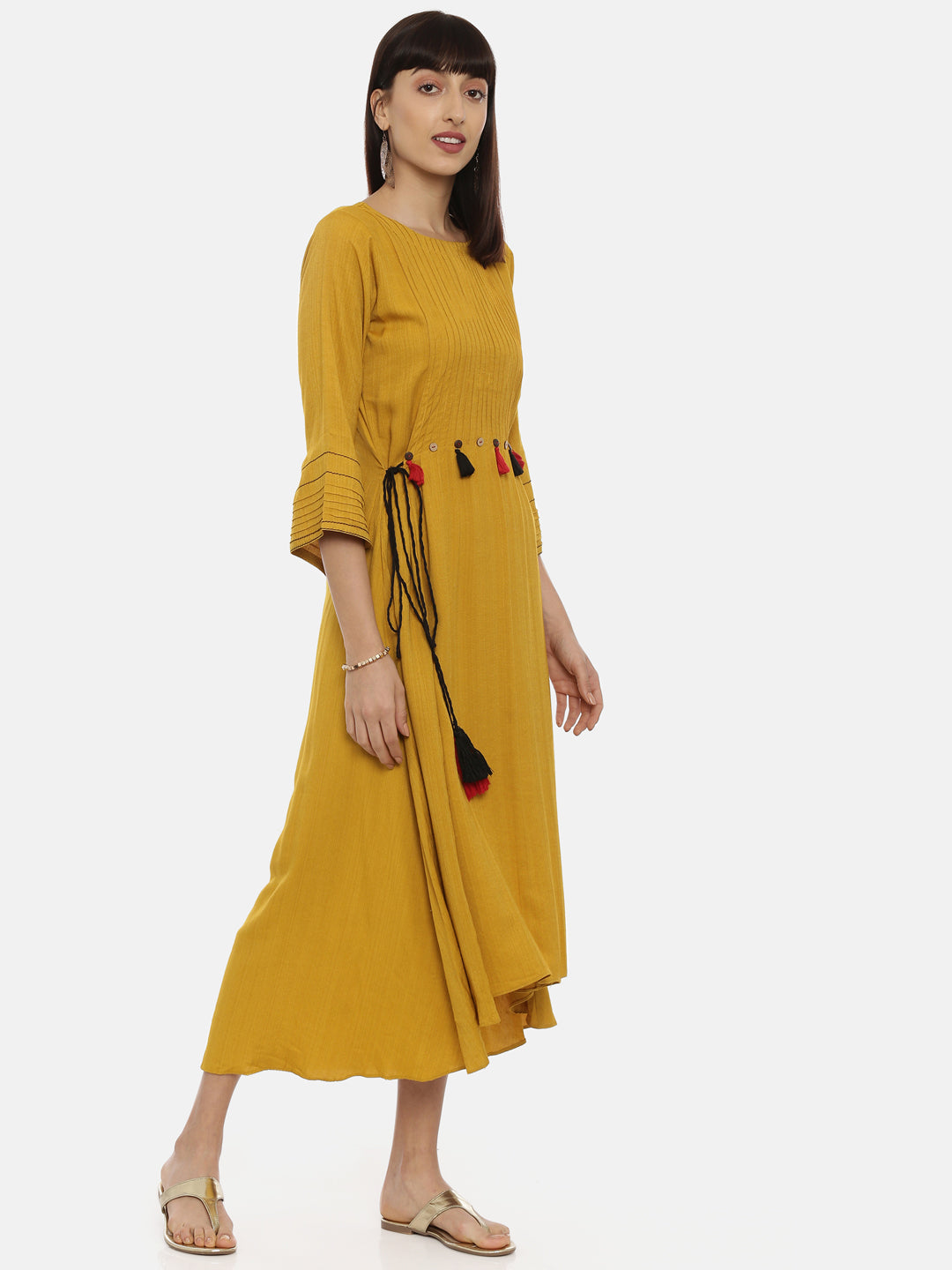 Neerus Yellow rayon high-low kurta - detail view 1