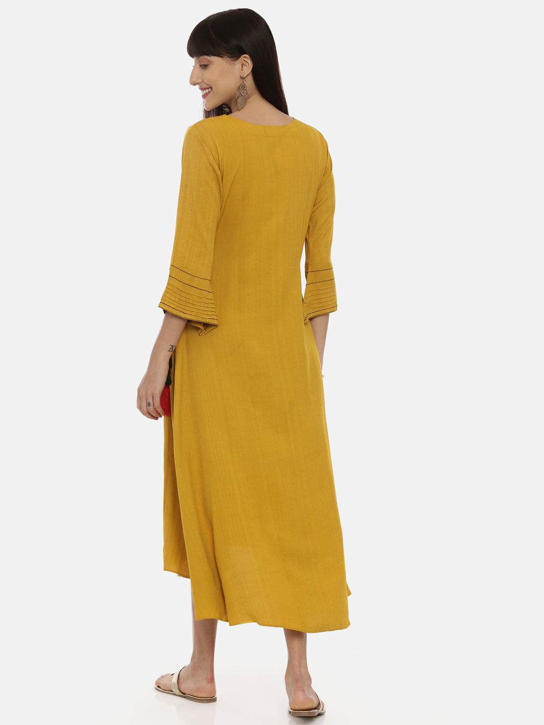 Neerus Yellow rayon high-low kurta - detail view 2