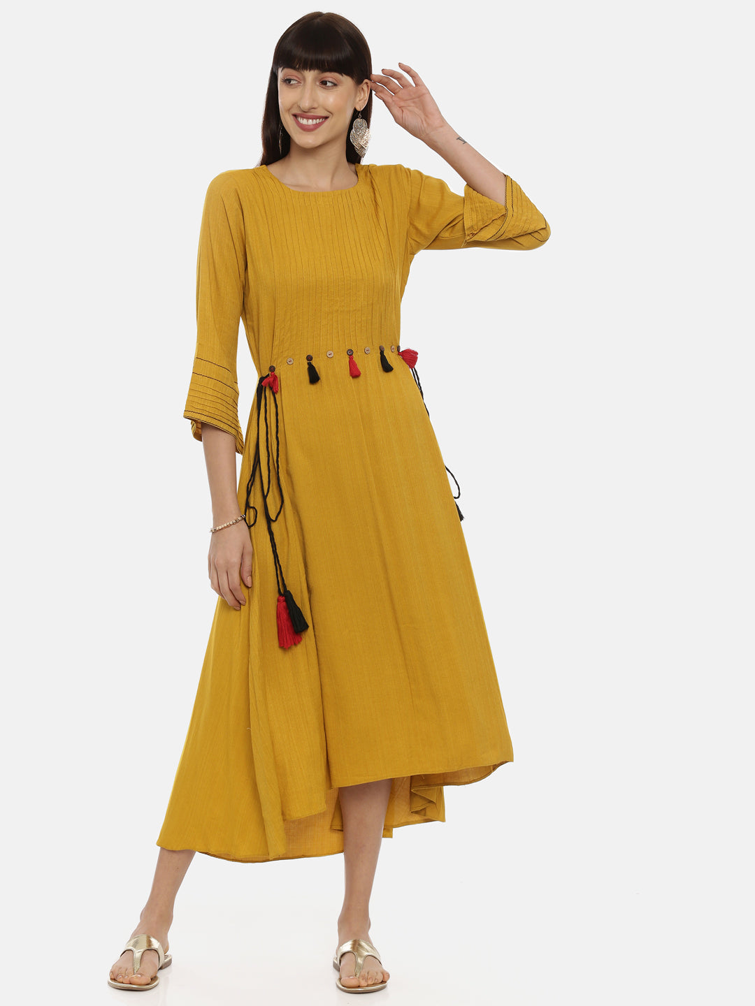 Neerus Yellow rayon high-low kurta - detail view 3