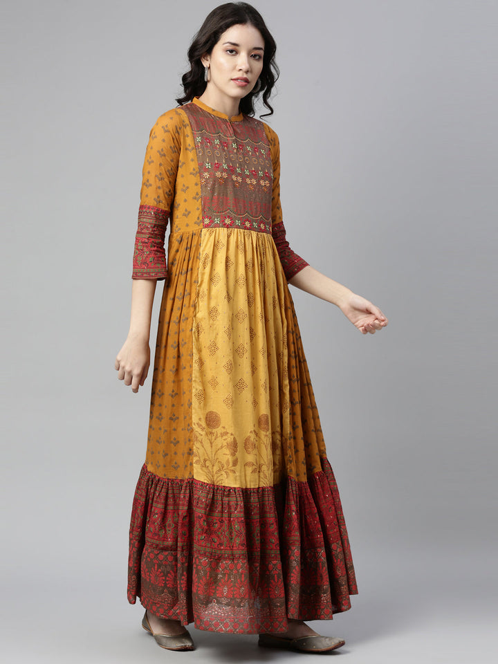Neerus Yellow cotton thread embroidered anarkali kurti - front view