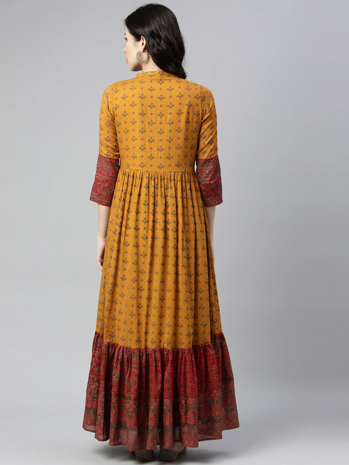 Neerus Yellow cotton thread embroidered anarkali kurti - back view