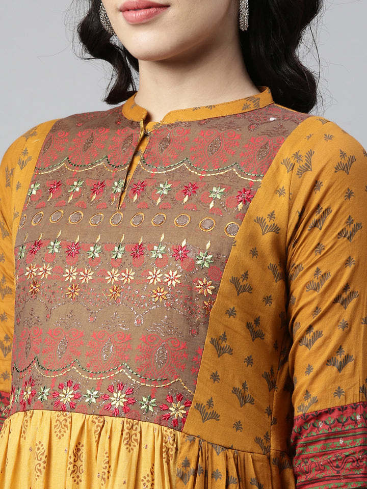 Neerus Yellow cotton thread embroidered anarkali kurti - side view