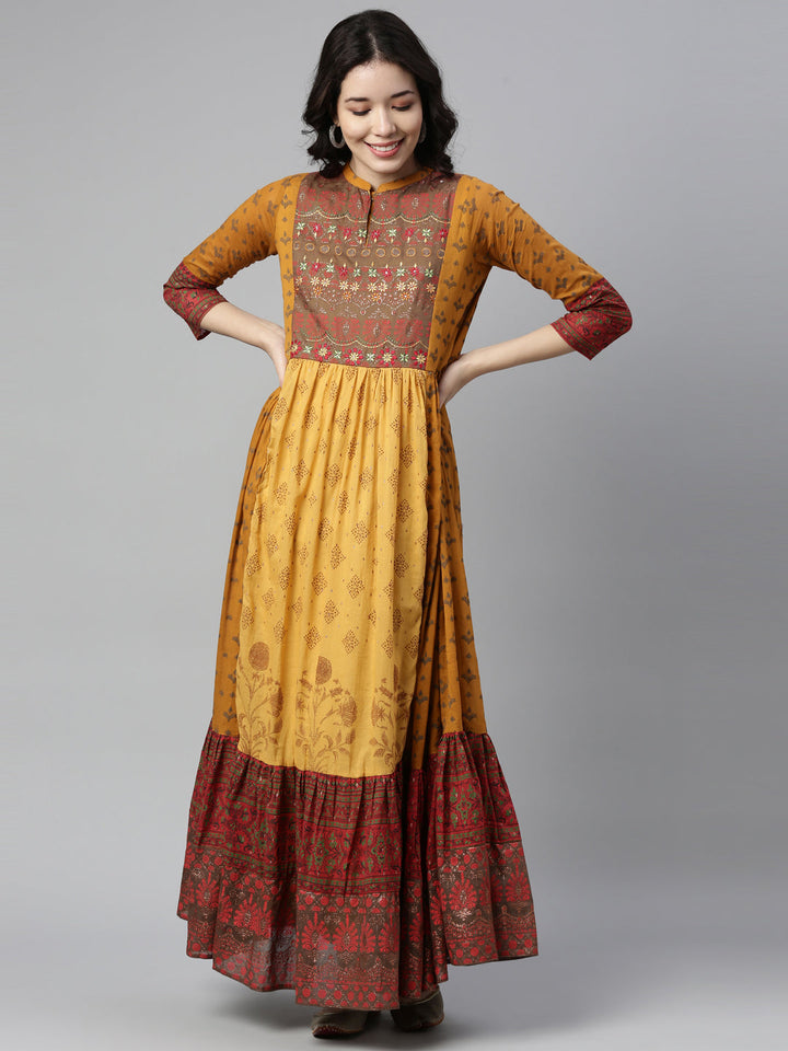 Neerus Yellow cotton thread embroidered anarkali kurti - detail view 1