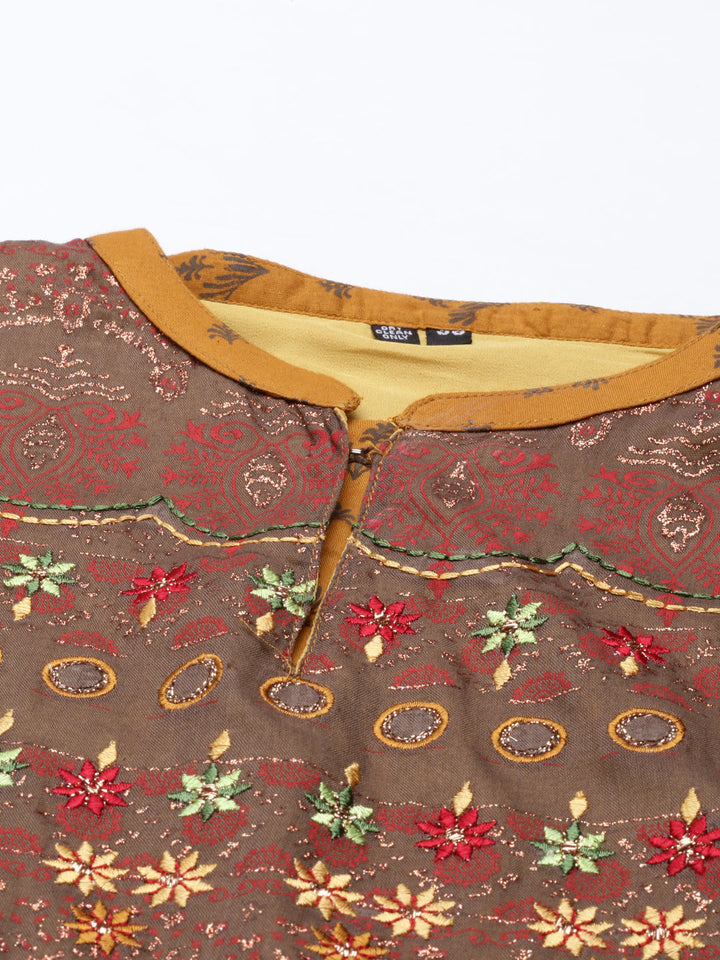 Neerus Yellow cotton thread embroidered anarkali kurti - detail view 2