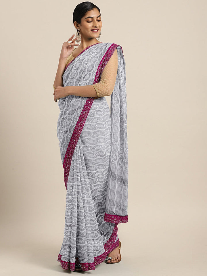 Neerus Grey Georgette textured Saree with Blouse - front view
