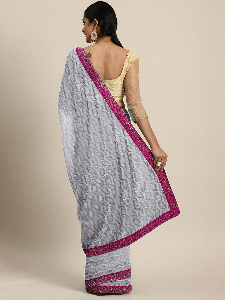 Neerus Grey Georgette textured Saree with Blouse - back view