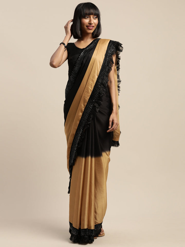 Neerus Gold crepe embellished saree with blouse - detail view 4