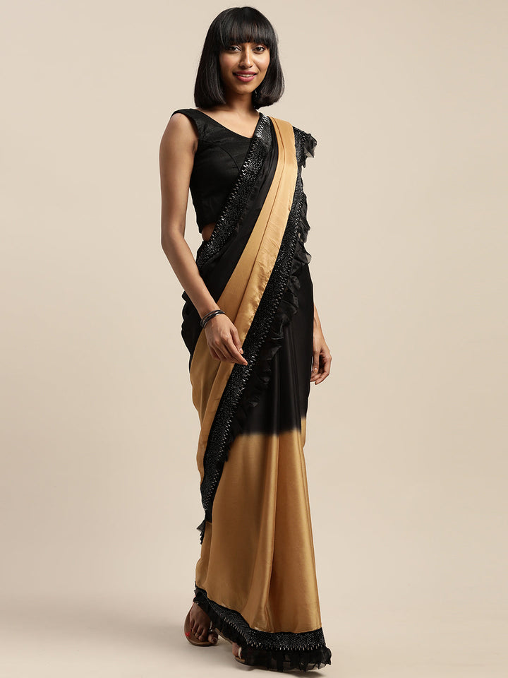 Neerus Gold crepe embellished saree with blouse - front view