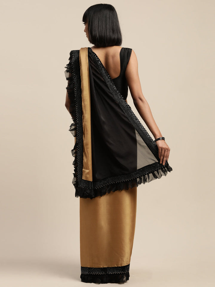 Neerus Gold crepe embellished saree with blouse - back view
