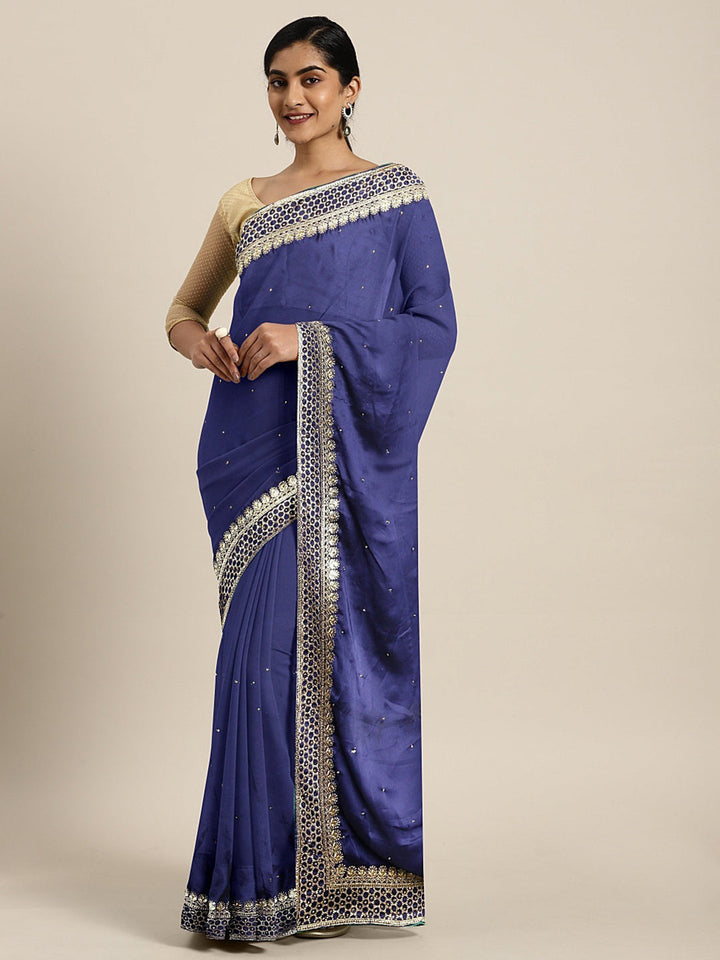Neerus Blue crepe embellished saree with blouse - front view