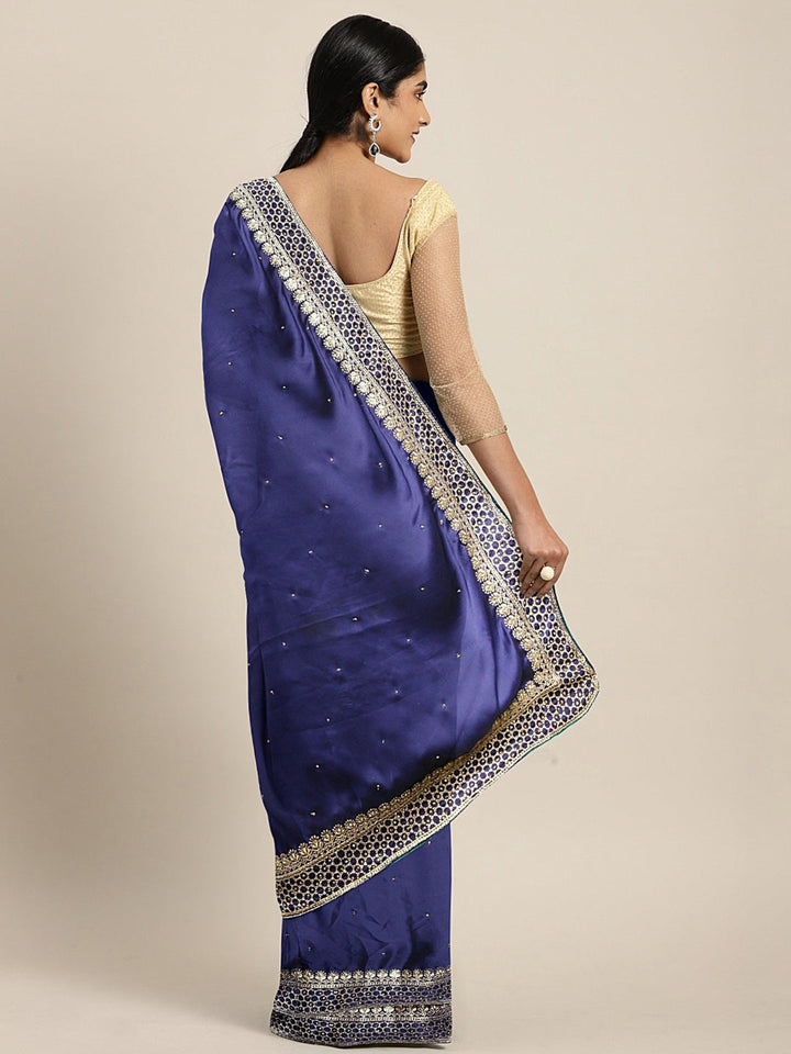 Neerus Blue crepe embellished saree with blouse - back view