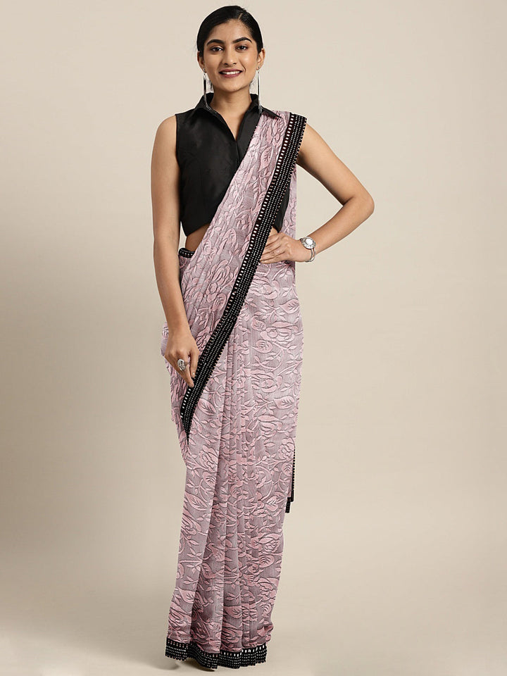 Neerus Orange georgette woven saree - front view
