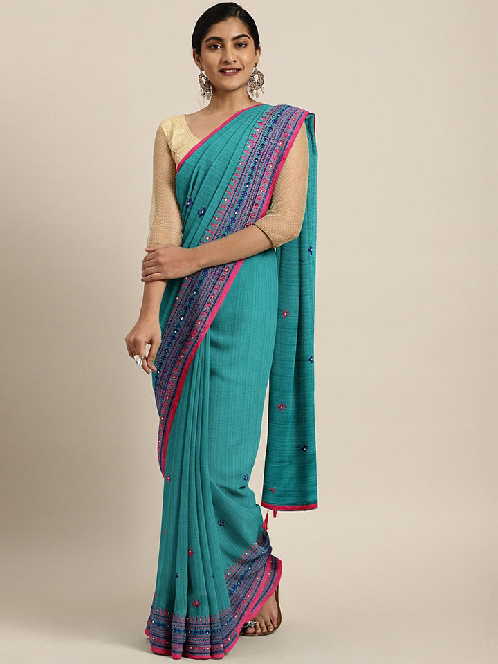 Neerus Blue chiffon embroidered saree with blouse piece - front view