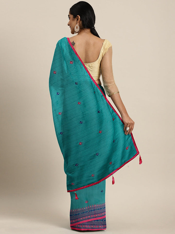 Neerus Blue chiffon embroidered saree with blouse piece - back view