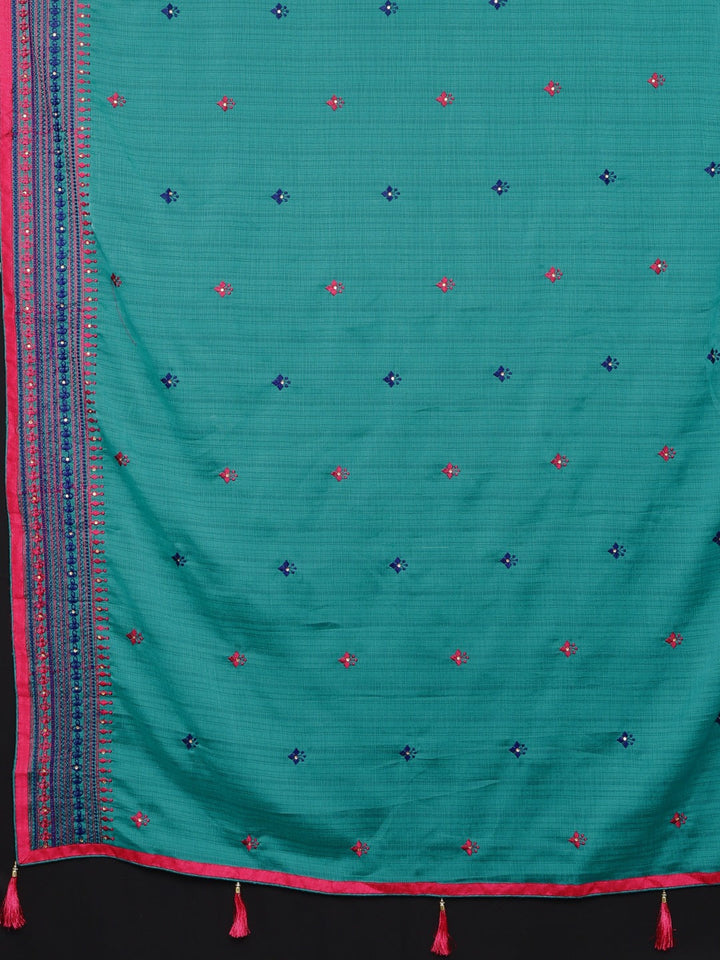 Neerus Blue chiffon embroidered saree with blouse piece - detail view 1