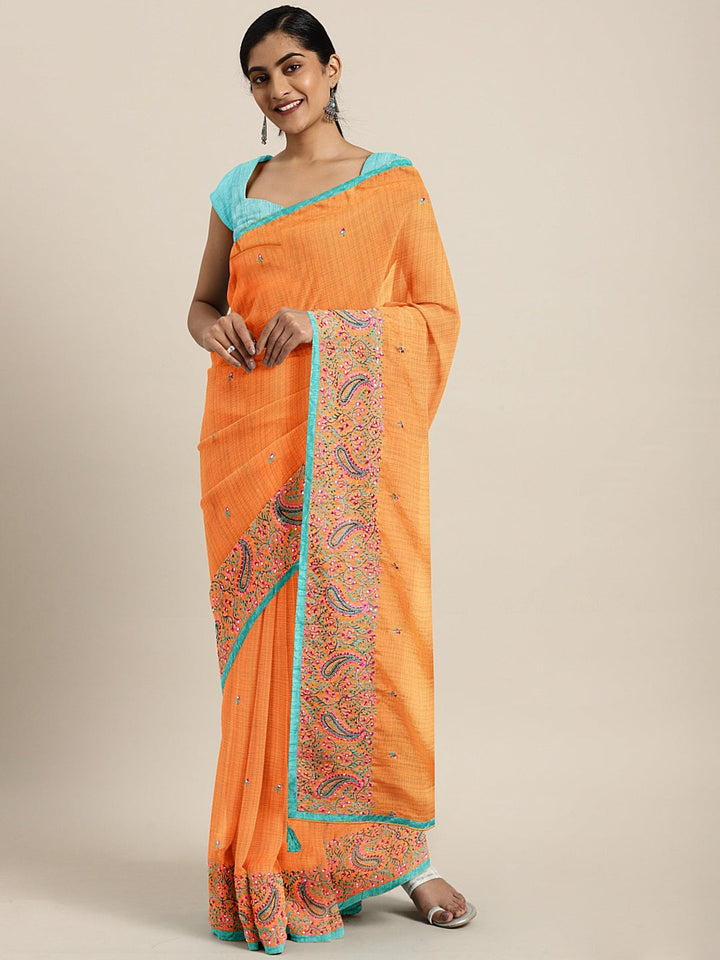 Neerus Orange chiffon embroidered saree - front view