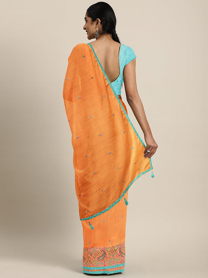Neerus Orange chiffon embroidered saree - back view