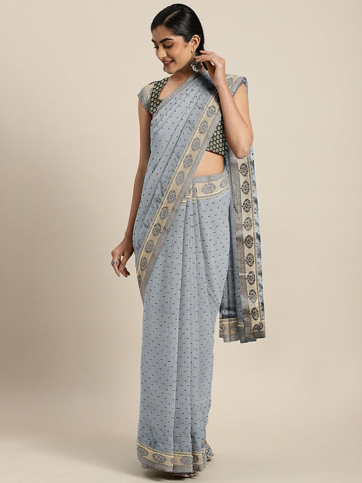Neerus Grey georgette printed saree with blouse - front view